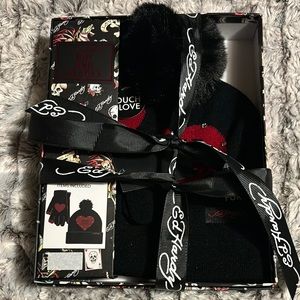 Ed Hardy Black Winter Accessory Set with Heart Design